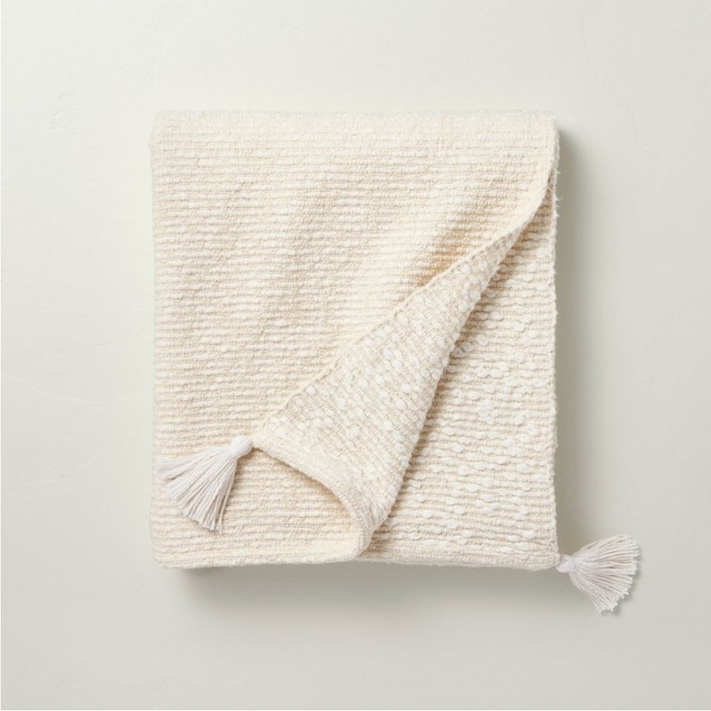 Hearth & Hand Magnolia Textured Knit Throw Blanket with Tassels Cream